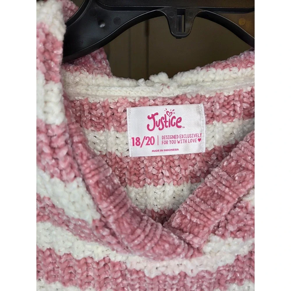 Justice Girls Pink White Striped Chenille Knit Hoodie Sweater Juniors 18/20